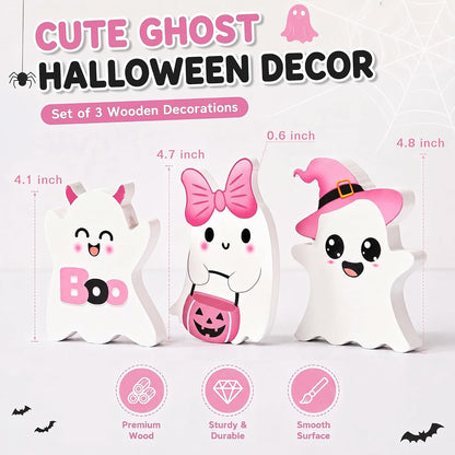 3 PCs Pink Halloween Table Decor, 3 Style Cute Wooden Ghosts Halloween Decorations indoor, Funny Wood Ghost Tabletop Centerpieces Tiered Tray Decor Signs for Home Office Room Girls Gifts, Pink White