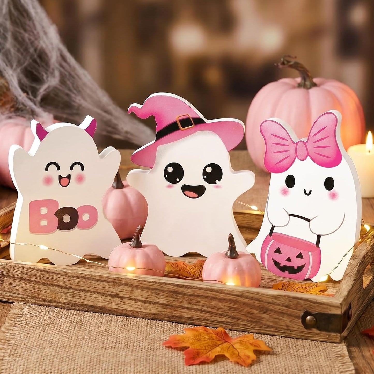 3 PCs Pink Halloween Table Decor, 3 Style Cute Wooden Ghosts Halloween Decorations indoor, Funny Wood Ghost Tabletop Centerpieces Tiered Tray Decor Signs for Home Office Room Girls Gifts, Pink White