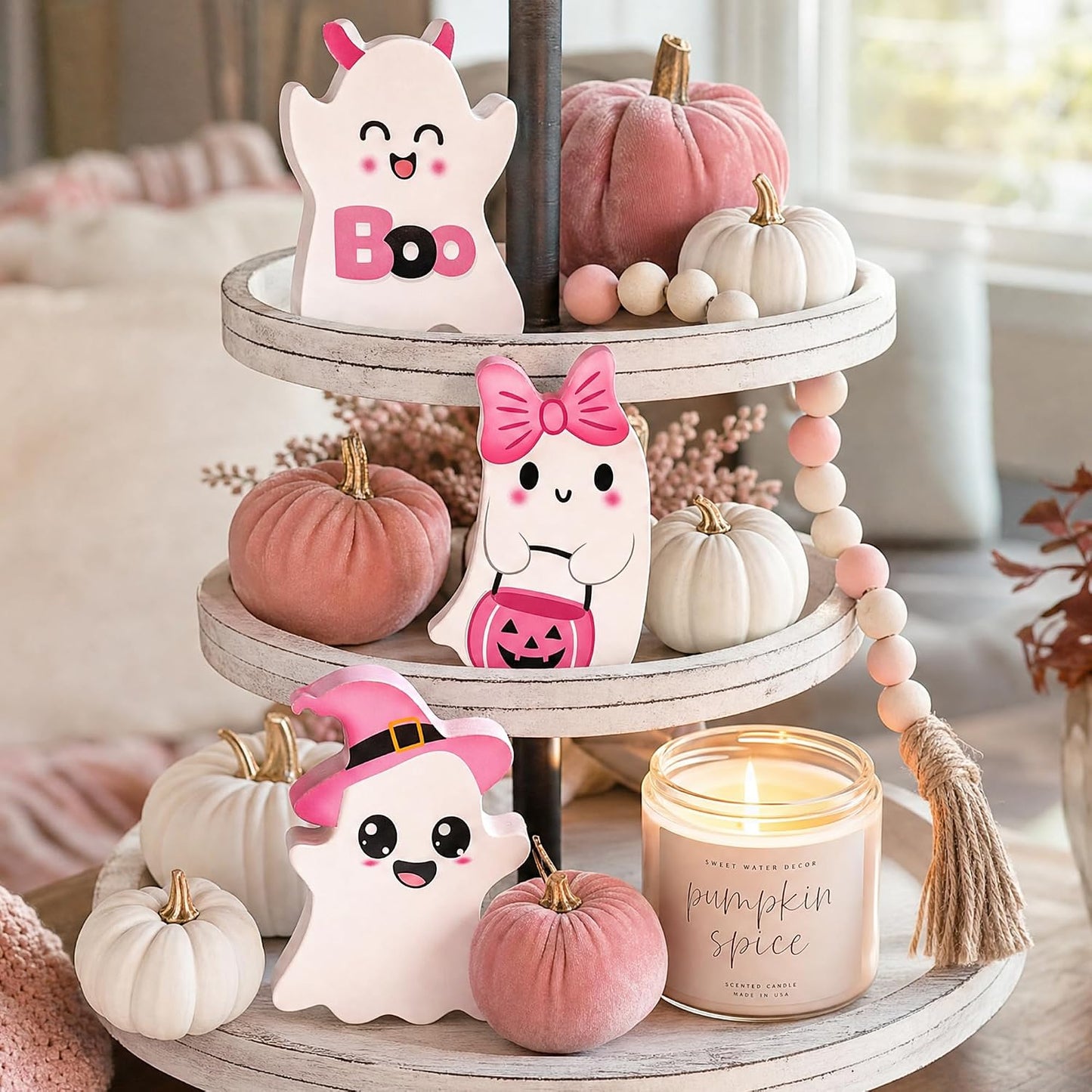 3 PCs Pink Halloween Table Decor, 3 Style Cute Wooden Ghosts Halloween Decorations indoor, Funny Wood Ghost Tabletop Centerpieces Tiered Tray Decor Signs for Home Office Room Girls Gifts, Pink White