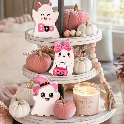 3 PCs Pink Halloween Table Decor, 3 Style Cute Wooden Ghosts Halloween Decorations indoor, Funny Wood Ghost Tabletop Centerpieces Tiered Tray Decor Signs for Home Office Room Girls Gifts, Pink White