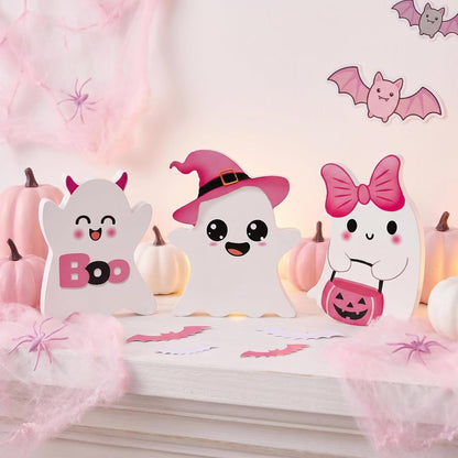 3 PCs Pink Halloween Table Decor, 3 Style Cute Wooden Ghosts Halloween Decorations indoor, Funny Wood Ghost Tabletop Centerpieces Tiered Tray Decor Signs for Home Office Room Girls Gifts, Pink White