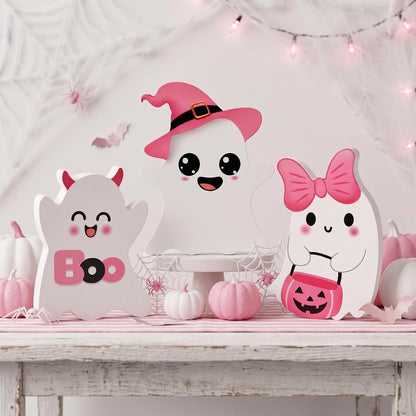 3 PCs Pink Halloween Table Decor, 3 Style Cute Wooden Ghosts Halloween Decorations indoor, Funny Wood Ghost Tabletop Centerpieces Tiered Tray Decor Signs for Home Office Room Girls Gifts, Pink White