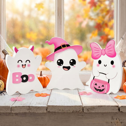 3 PCs Pink Halloween Table Decor, 3 Style Cute Wooden Ghosts Halloween Decorations indoor, Funny Wood Ghost Tabletop Centerpieces Tiered Tray Decor Signs for Home Office Room Girls Gifts, Pink White