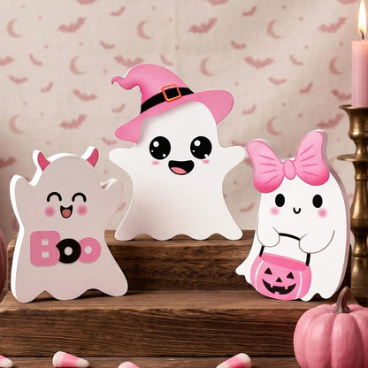3 PCs Pink Halloween Table Decor, 3 Style Cute Wooden Ghosts Halloween Decorations indoor, Funny Wood Ghost Tabletop Centerpieces Tiered Tray Decor Signs for Home Office Room Girls Gifts, Pink White