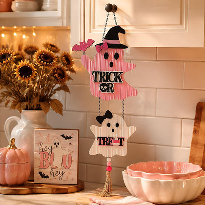 Pink Halloween Decor, Cute Halloween Door Wreath Decorations, Ghost with Witch Hat Wooden Hanging Sign for Wall Window Door Handle, 22 inch