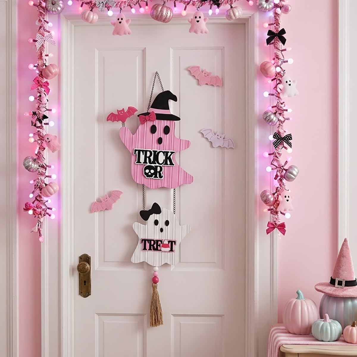 Pink Halloween Decor, Cute Halloween Door Wreath Decorations, Ghost with Witch Hat Wooden Hanging Sign for Wall Window Door Handle, 22 inch