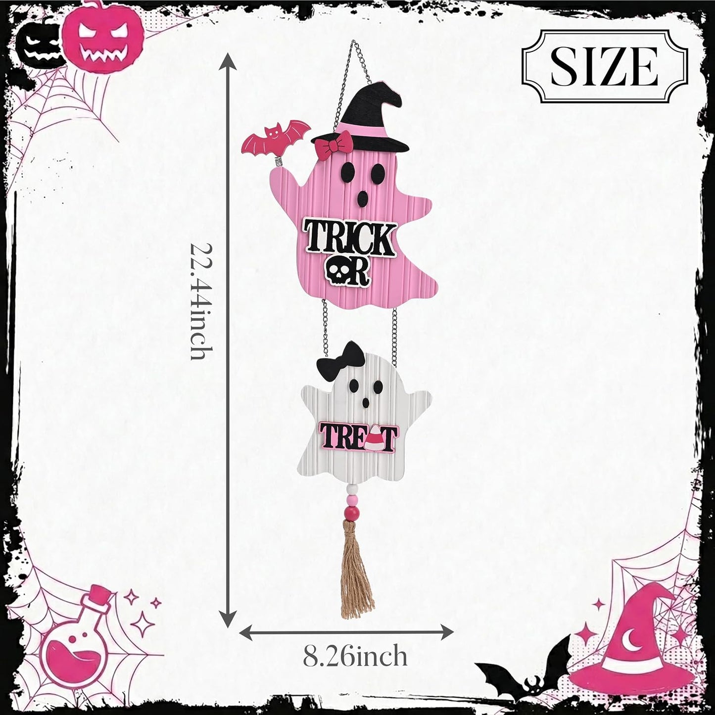 Pink Halloween Decor, Cute Halloween Door Wreath Decorations, Ghost with Witch Hat Wooden Hanging Sign for Wall Window Door Handle, 22 inch
