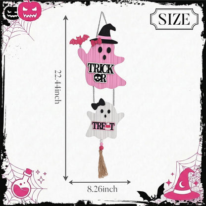 Pink Halloween Decor, Cute Halloween Door Wreath Decorations, Ghost with Witch Hat Wooden Hanging Sign for Wall Window Door Handle, 22 inch