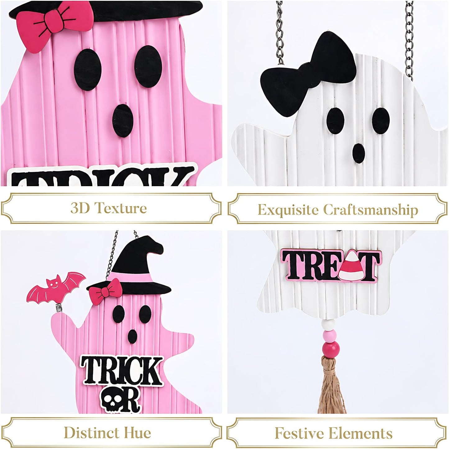 Pink Halloween Decor, Cute Halloween Door Wreath Decorations, Ghost with Witch Hat Wooden Hanging Sign for Wall Window Door Handle, 22 inch