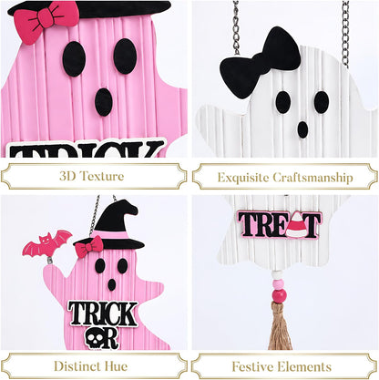 Pink Halloween Decor, Cute Halloween Door Wreath Decorations, Ghost with Witch Hat Wooden Hanging Sign for Wall Window Door Handle, 22 inch
