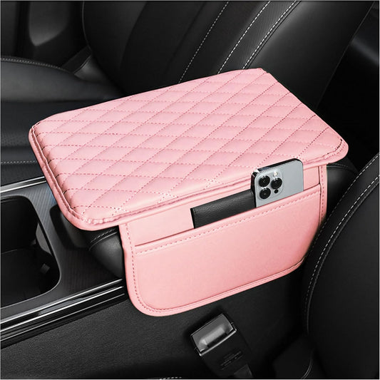Upgraded Car Center Console Cover,Microfiber Leather Car Armrest Cover Cushion with 2 Storage Bags,Universal Car Armrest Storage Box (Pink)
