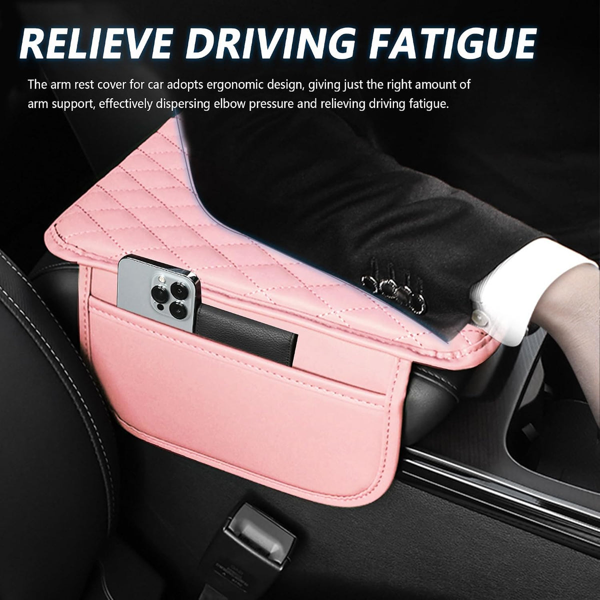 Upgraded Car Center Console Cover,Microfiber Leather Car Armrest Cover Cushion with 2 Storage Bags,Universal Car Armrest Storage Box (Pink)