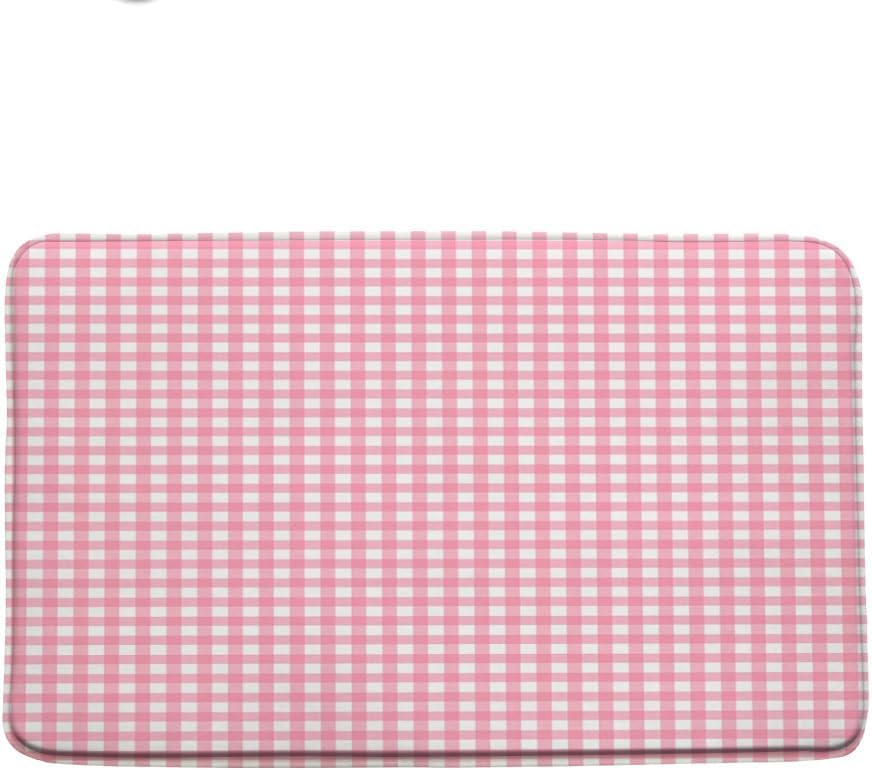 Checkered Bath Mat Pink Checked Plaid Girls Chic Cute Retro Checkerboard Vintage Geometric Aesthetic Girly Bathroom Rug Microfiber Memory Foam Shower Mat Kitchen Bath Floor Rugs, 18x30 Inch