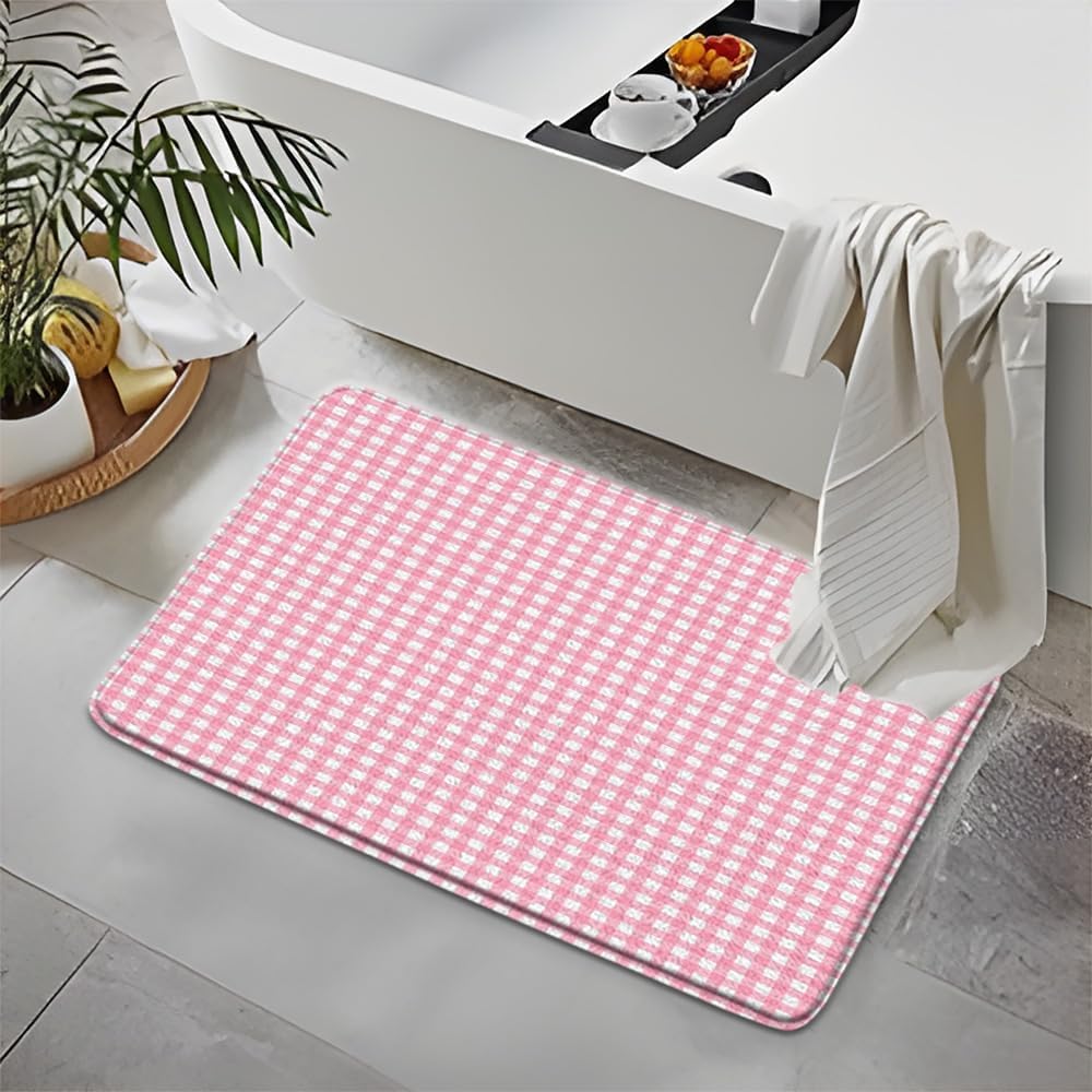 Checkered Bath Mat Pink Checked Plaid Girls Chic Cute Retro Checkerboard Vintage Geometric Aesthetic Girly Bathroom Rug Microfiber Memory Foam Shower Mat Kitchen Bath Floor Rugs, 18x30 Inch