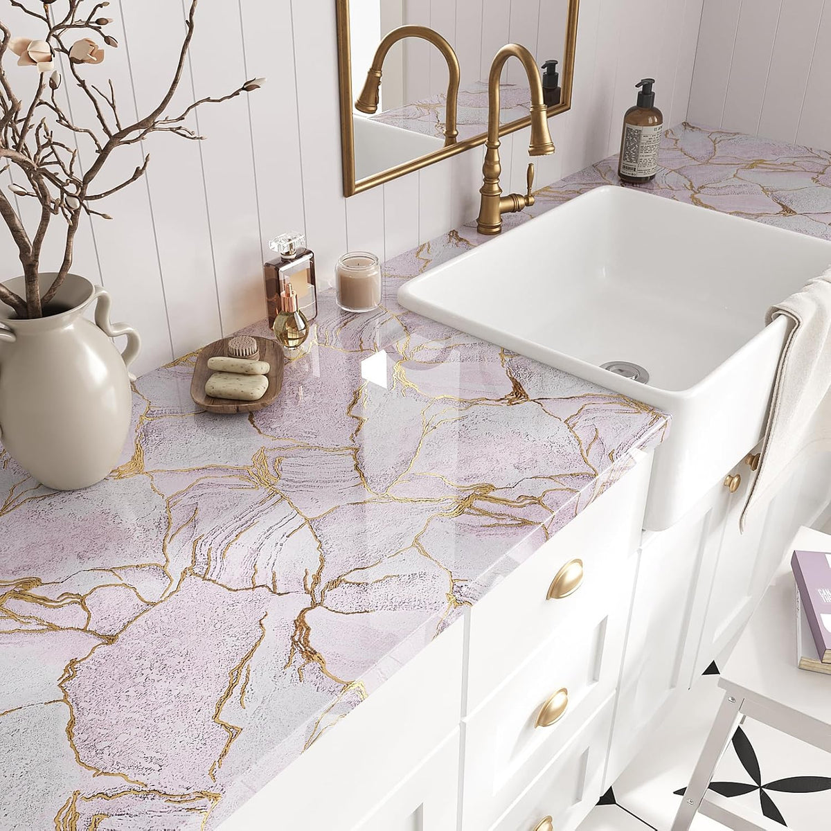 Gold Pink Marble Contact Paper for Countertops Waterproof Peel and Stick Countertops for Kitchen Bathroom 15.7''x118'' Self Adhesive Vinyl Countertop Contact Paper Marble Wallpaper for Counter