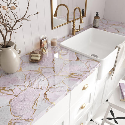 Gold Pink Marble Contact Paper for Countertops Waterproof Peel and Stick Countertops for Kitchen Bathroom 15.7''x118'' Self Adhesive Vinyl Countertop Contact Paper Marble Wallpaper for Counter