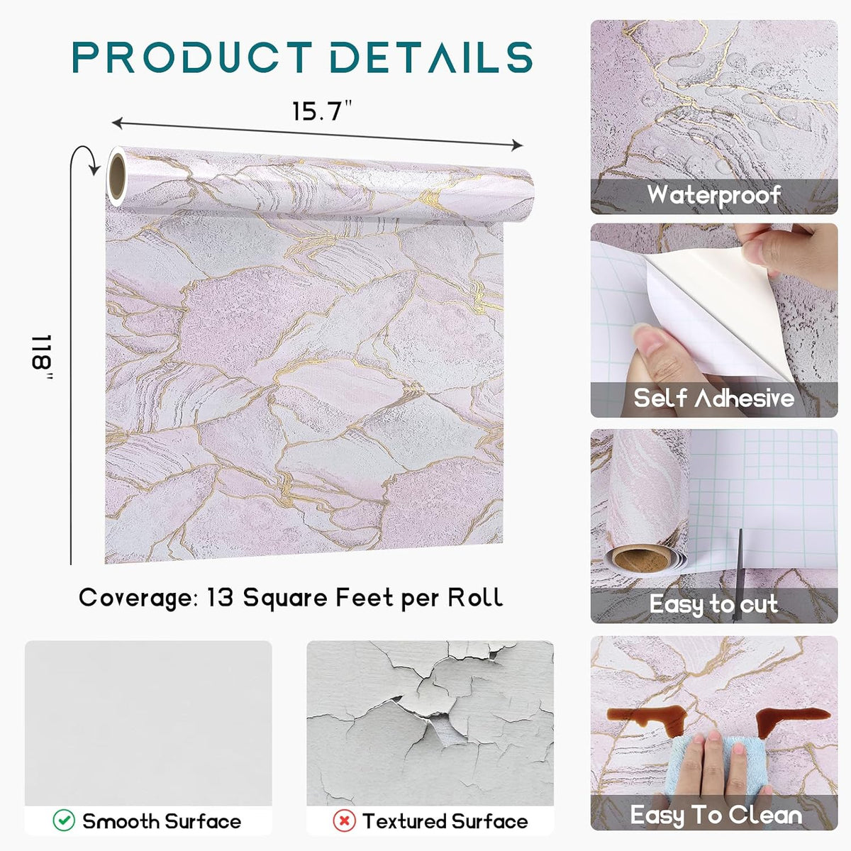 Gold Pink Marble Contact Paper for Countertops Waterproof Peel and Stick Countertops for Kitchen Bathroom 15.7''x118'' Self Adhesive Vinyl Countertop Contact Paper Marble Wallpaper for Counter