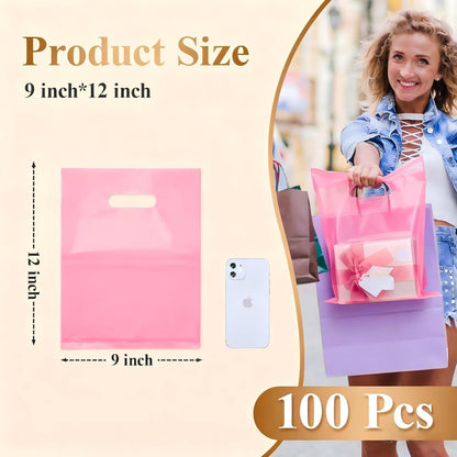 100 Pcs Plastic Bags With Handles 9"x12", Clear Gift Bags Shopping Merchandise bags for Small Business Retail Stores Gifts (Pink)