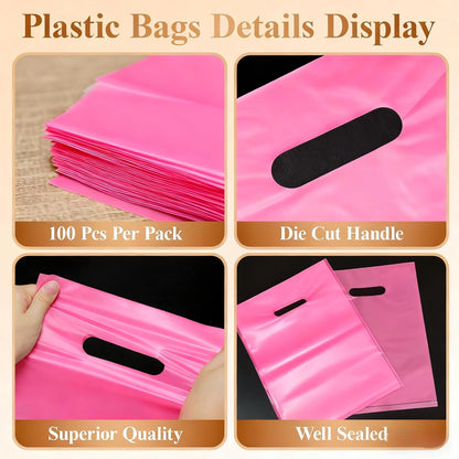100 Pcs Plastic Bags With Handles 9"x12", Clear Gift Bags Shopping Merchandise bags for Small Business Retail Stores Gifts (Pink)