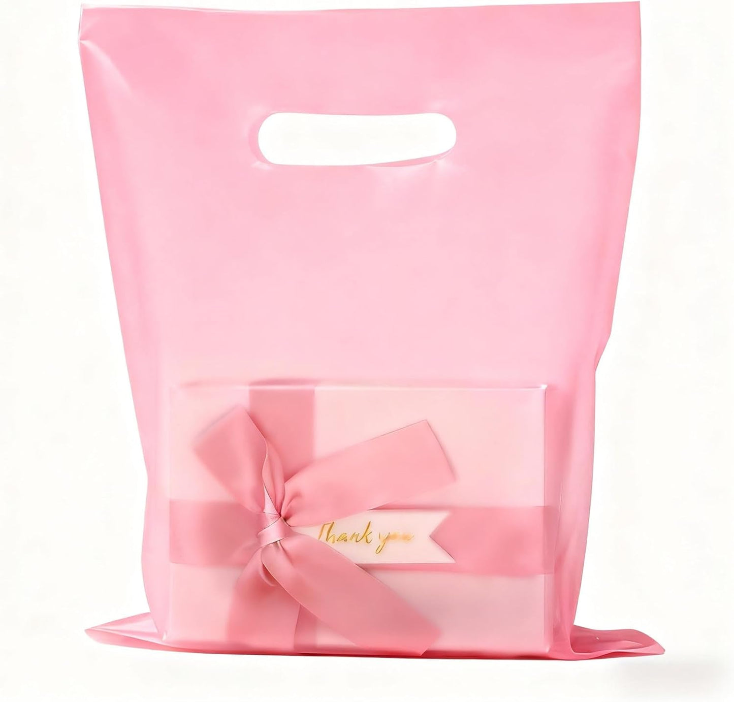 100 Pcs Plastic Bags With Handles 9"x12", Clear Gift Bags Shopping Merchandise bags for Small Business Retail Stores Gifts (Pink)