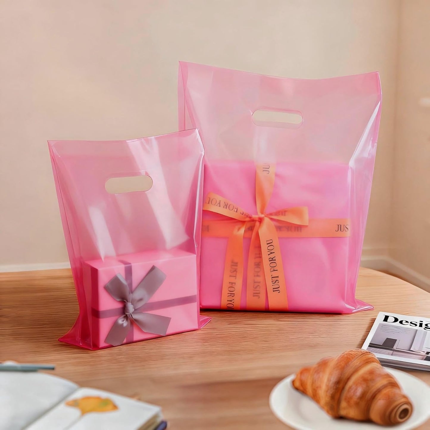 100 Pcs Plastic Bags With Handles 9"x12", Clear Gift Bags Shopping Merchandise bags for Small Business Retail Stores Gifts (Pink)