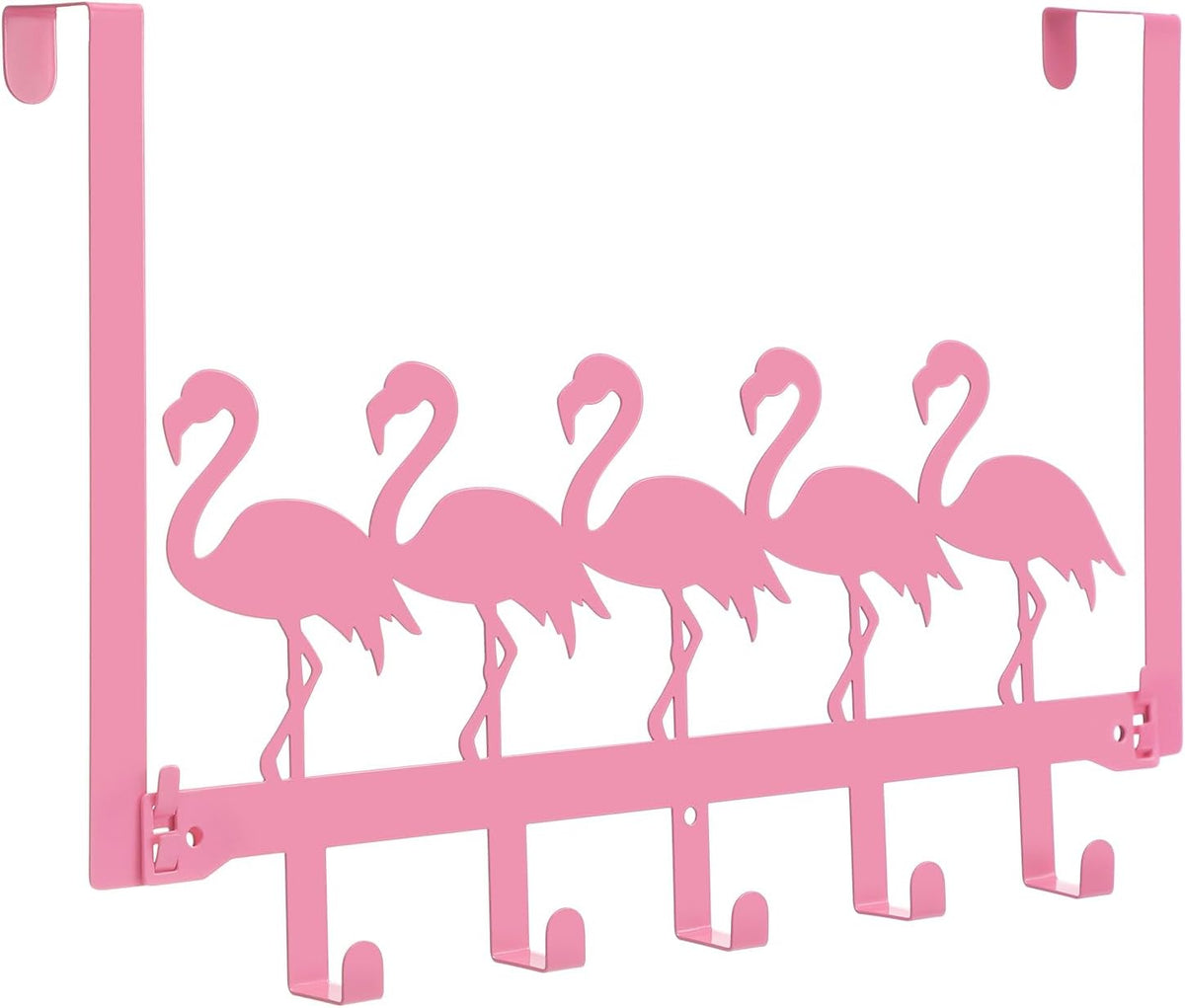 Pink Flamingos Over the Door Hooks Hanger Wall Mount Towel Hanger Door Holder Organizer 5 Hooks Farmhouse Rustic Kawaii Decor for Bedroom Bathroom Towel Hat Clothes
