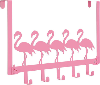 Pink Flamingos Over the Door Hooks Hanger Wall Mount Towel Hanger Door Holder Organizer 5 Hooks Farmhouse Rustic Kawaii Decor for Bedroom Bathroom Towel Hat Clothes