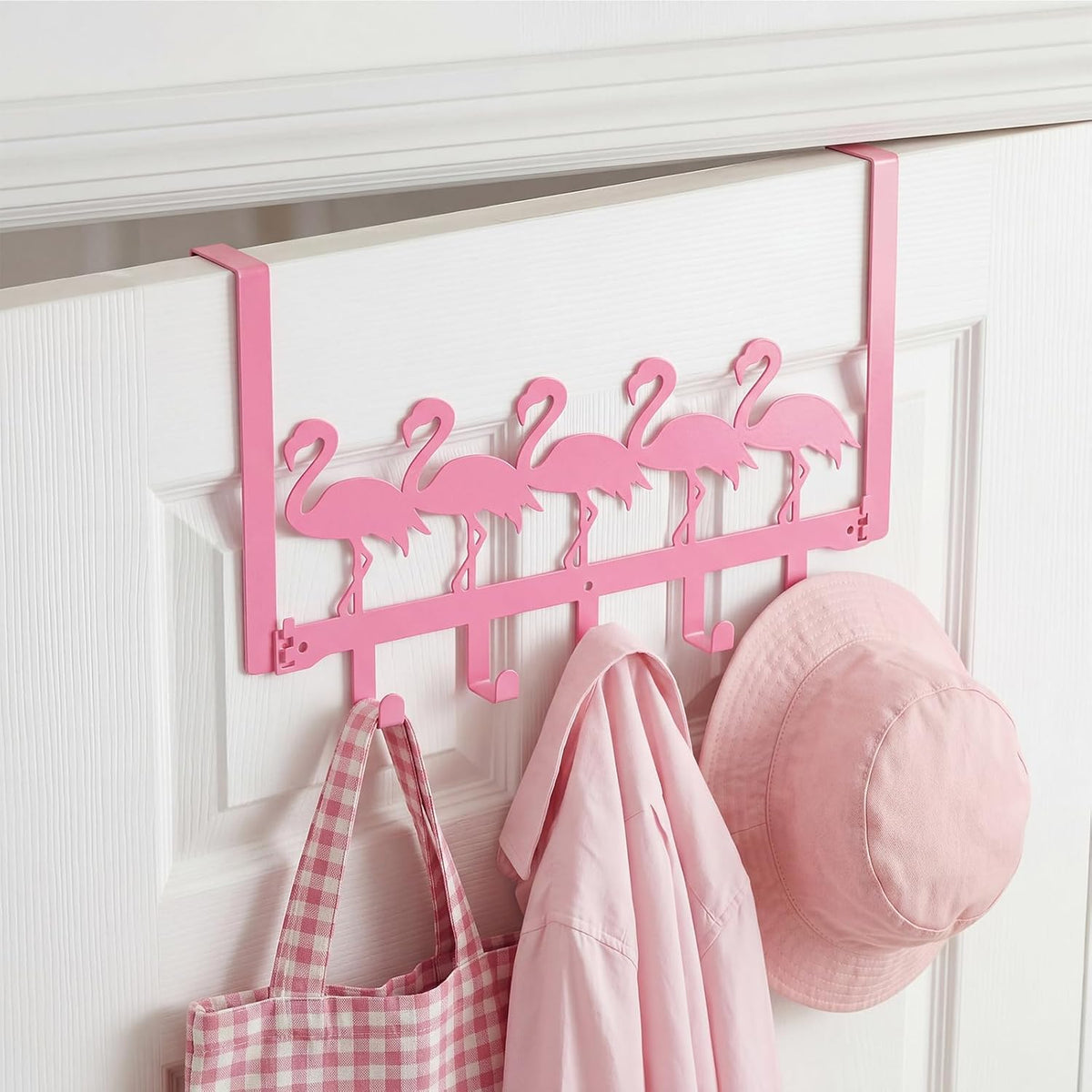 Pink Flamingos Over the Door Hooks Hanger Wall Mount Towel Hanger Door Holder Organizer 5 Hooks Farmhouse Rustic Kawaii Decor for Bedroom Bathroom Towel Hat Clothes