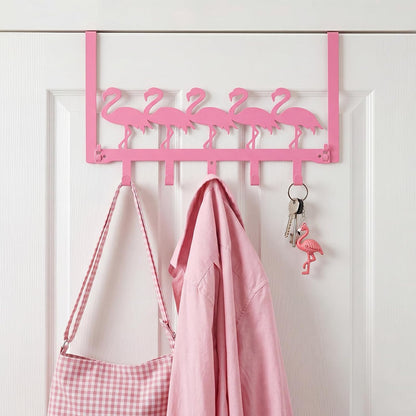 Pink Flamingos Over the Door Hooks Hanger Wall Mount Towel Hanger Door Holder Organizer 5 Hooks Farmhouse Rustic Kawaii Decor for Bedroom Bathroom Towel Hat Clothes