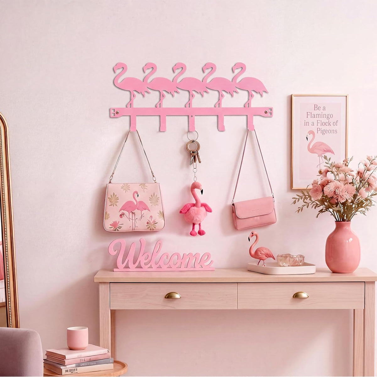 Pink Flamingos Over the Door Hooks Hanger Wall Mount Towel Hanger Door Holder Organizer 5 Hooks Farmhouse Rustic Kawaii Decor for Bedroom Bathroom Towel Hat Clothes