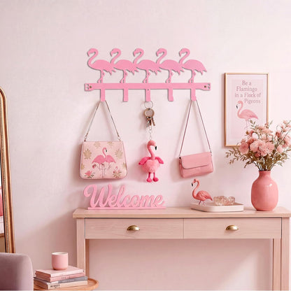 Pink Flamingos Over the Door Hooks Hanger Wall Mount Towel Hanger Door Holder Organizer 5 Hooks Farmhouse Rustic Kawaii Decor for Bedroom Bathroom Towel Hat Clothes