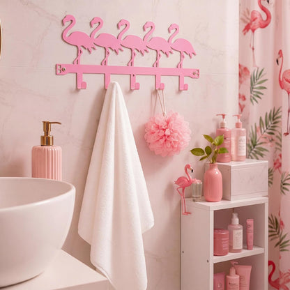 Pink Flamingos Over the Door Hooks Hanger Wall Mount Towel Hanger Door Holder Organizer 5 Hooks Farmhouse Rustic Kawaii Decor for Bedroom Bathroom Towel Hat Clothes
