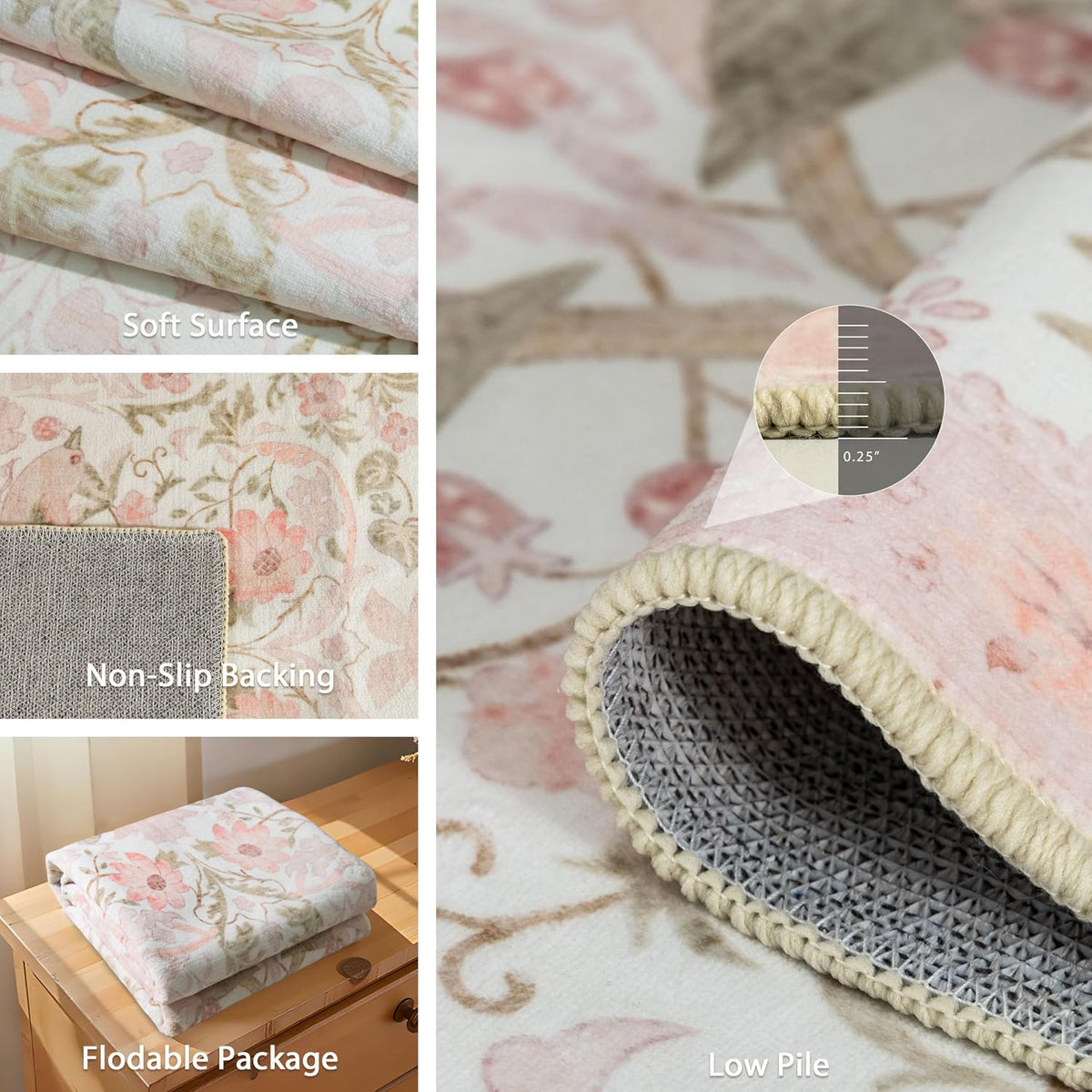 Pink Rug 3x5 Washable Area Rugs for Bedroom Living Room Boho