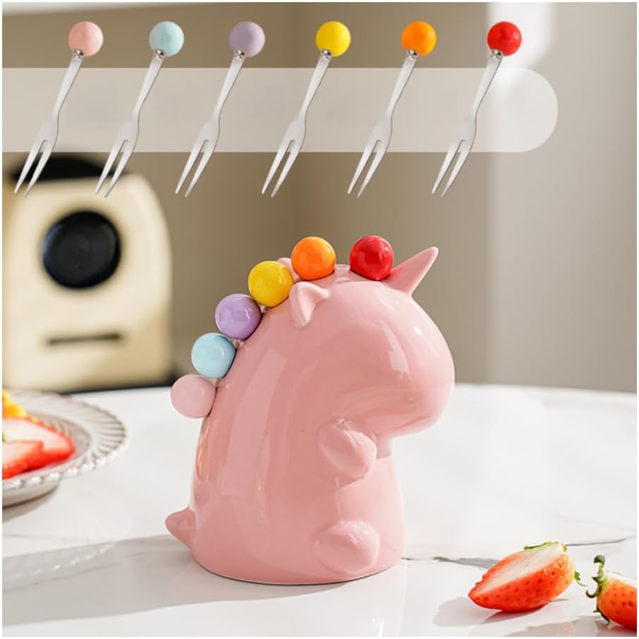 (6 Pieces) Fruit Fork Household Stainless Steel Light Luxury Storage Jar Set Cute Small Fork (Pink)