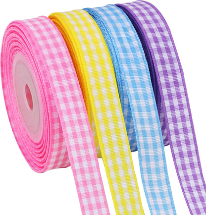 3/8 Inch Pastel Gingham Ribbon 4 Rolls 40 Yards Pink/Blue/Yellow/Purple Easter Spring Plaid Checkered Ribbon for Gift Wrapping Bows Making Crafts Baby Shower Birthday Easter Decor（10Yd/Roll