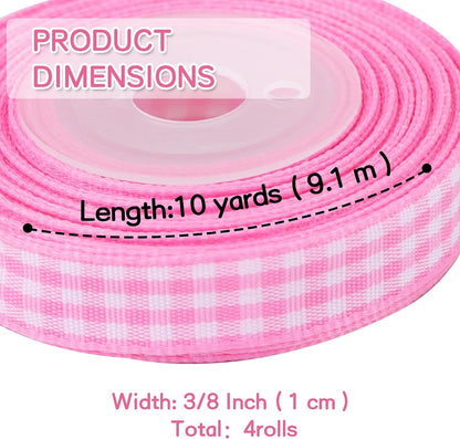3/8 Inch Pastel Gingham Ribbon 4 Rolls 40 Yards Pink/Blue/Yellow/Purple Easter Spring Plaid Checkered Ribbon for Gift Wrapping Bows Making Crafts Baby Shower Birthday Easter Decor（10Yd/Roll