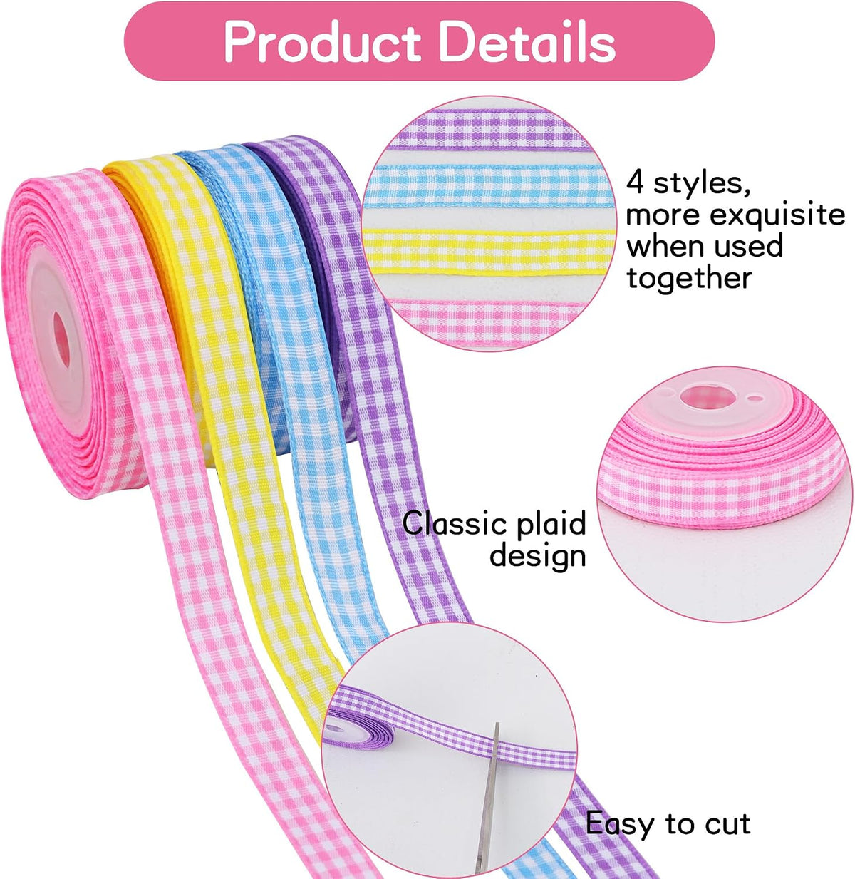 3/8 Inch Pastel Gingham Ribbon 4 Rolls 40 Yards Pink/Blue/Yellow/Purple Easter Spring Plaid Checkered Ribbon for Gift Wrapping Bows Making Crafts Baby Shower Birthday Easter Decor（10Yd/Roll