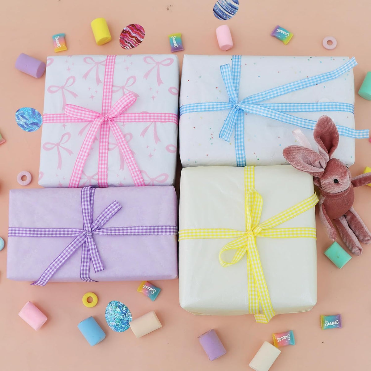 3/8 Inch Pastel Gingham Ribbon 4 Rolls 40 Yards Pink/Blue/Yellow/Purple Easter Spring Plaid Checkered Ribbon for Gift Wrapping Bows Making Crafts Baby Shower Birthday Easter Decor（10Yd/Roll