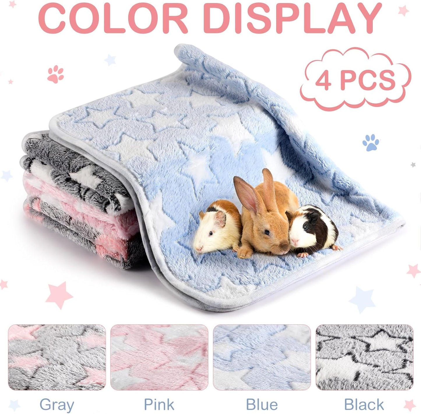 Reginary 4 Pcs Waterproof Guinea Pig Blankets Washable Small Animal Fleece Bedding Absorbent Guinea Pig Cage Liners Reusable Training Pee Pad Pet Sleep Mat for Hamster(Cute Star Pattern,12 x 12 Inch)