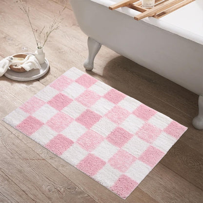 Checkered Bathroom Rugs Cute Bath Mats Non Slip Backing Shaggy Microfiber Bath Mat Water Absorbent Shower Rug Aesthetic Bathroom Rugs Funky Graphic Rug for Sink Bathtub (Pink,20" x 32")