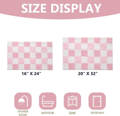 Checkered Bathroom Rugs Cute Bath Mats Non Slip Backing Shaggy Microfiber Bath Mat Water Absorbent Shower Rug Aesthetic Bathroom Rugs Funky Graphic Rug for Sink Bathtub (Pink,20" x 32")