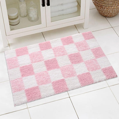 Checkered Bathroom Rugs Cute Bath Mats Non Slip Backing Shaggy Microfiber Bath Mat Water Absorbent Shower Rug Aesthetic Bathroom Rugs Funky Graphic Rug for Sink Bathtub (Pink,20" x 32")
