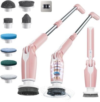 Electric Spin Scrubber, Shower Scrubber with 4 Adjustable Angles and 8 Brush Heads, Electric Scrubber with Long Handle & Remote Controller, Cleaning Brush for Bathroom, Tub, Floor (Pink)