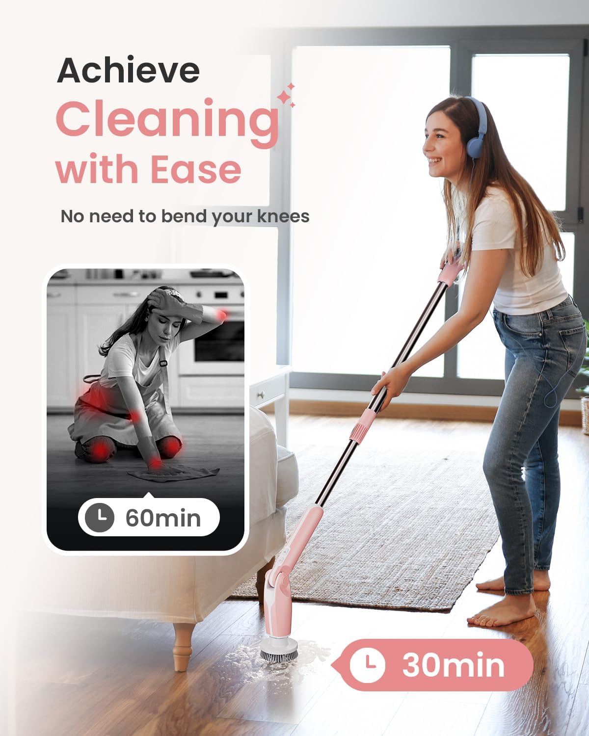 Electric Spin Scrubber, Shower Scrubber with 4 Adjustable Angles and 8 Brush Heads, Electric Scrubber with Long Handle & Remote Controller, Cleaning Brush for Bathroom, Tub, Floor (Pink)