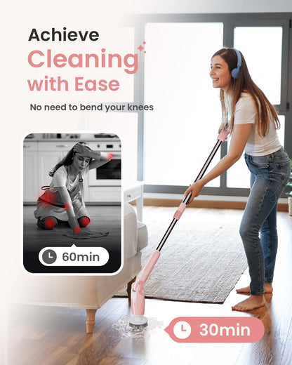 Electric Spin Scrubber, Shower Scrubber with 4 Adjustable Angles and 8 Brush Heads, Electric Scrubber with Long Handle & Remote Controller, Cleaning Brush for Bathroom, Tub, Floor (Pink)