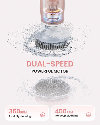 Electric Spin Scrubber, Shower Scrubber with 4 Adjustable Angles and 8 Brush Heads, Electric Scrubber with Long Handle & Remote Controller, Cleaning Brush for Bathroom, Tub, Floor (Pink)