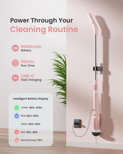 Electric Spin Scrubber, Shower Scrubber with 4 Adjustable Angles and 8 Brush Heads, Electric Scrubber with Long Handle & Remote Controller, Cleaning Brush for Bathroom, Tub, Floor (Pink)