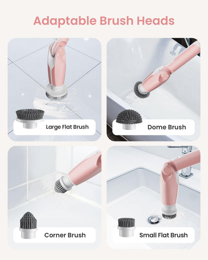 Electric Spin Scrubber, Shower Scrubber with 4 Adjustable Angles and 8 Brush Heads, Electric Scrubber with Long Handle & Remote Controller, Cleaning Brush for Bathroom, Tub, Floor (Pink)