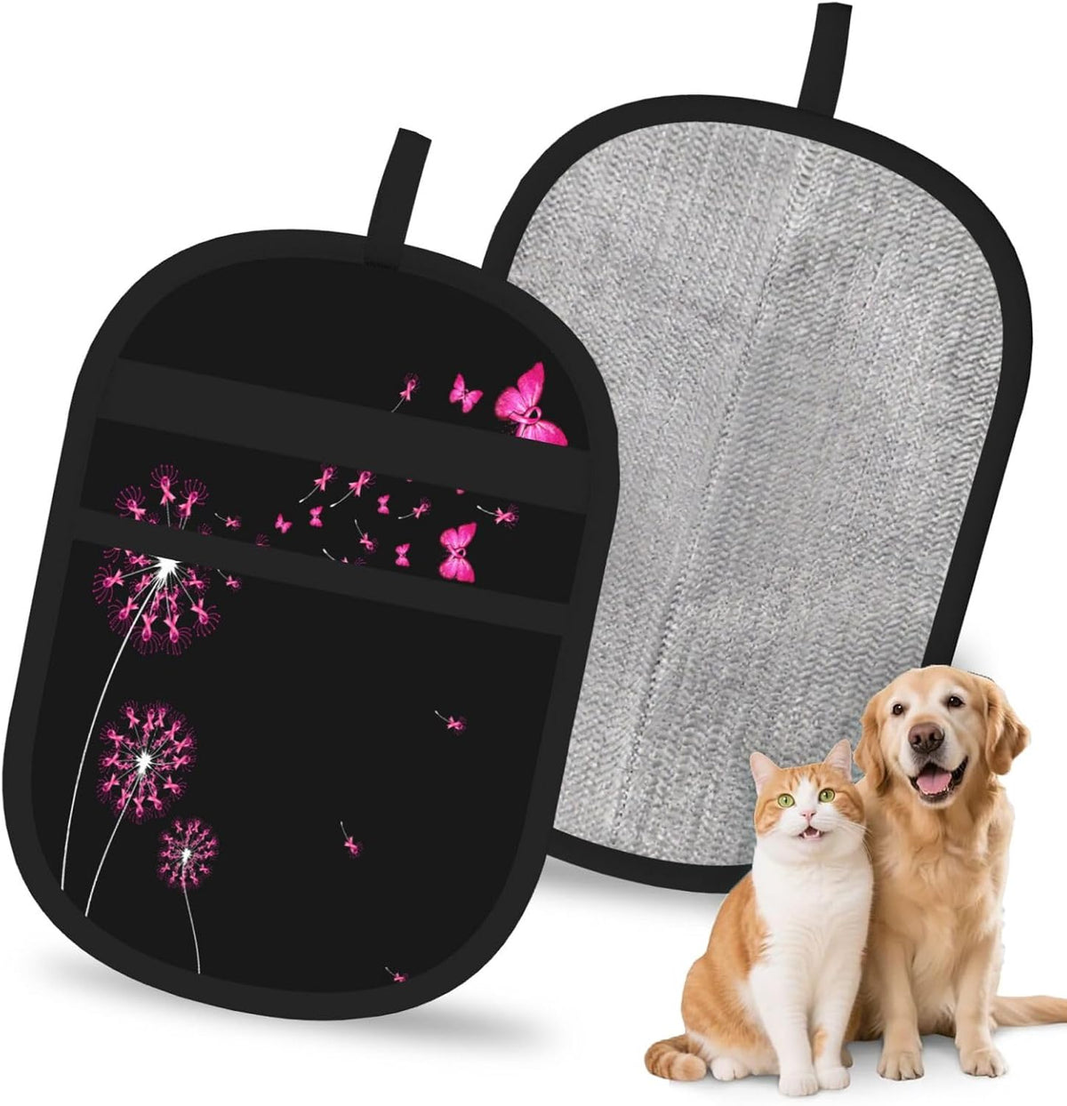Breast Cancer Awareness Pink Ribbon Butterfly Pet Hair Removal Glove Dogs Hair Remover Glove Cats Fur Removal Tool with Hanging Loop for Couch 6.7X9.5 in