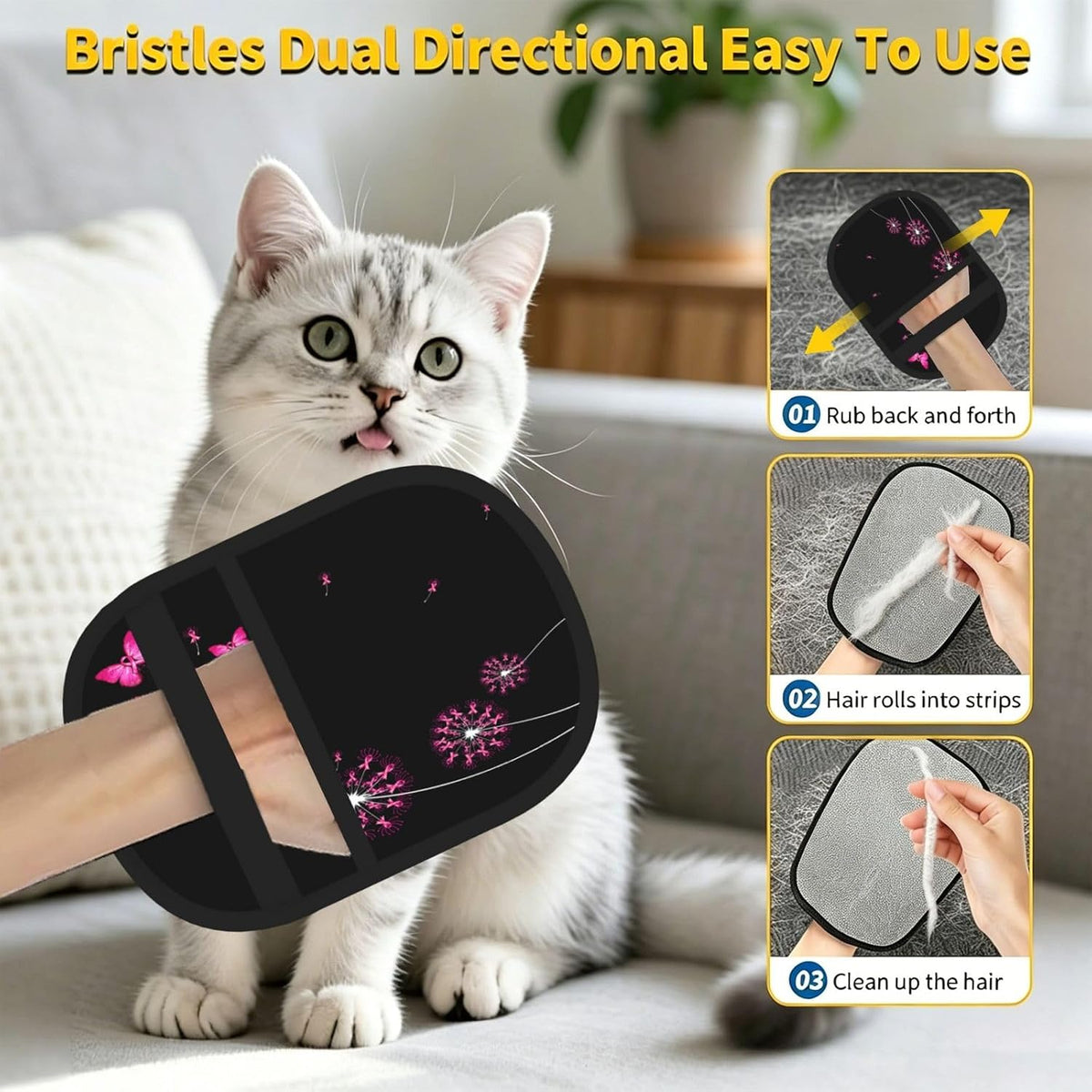 Breast Cancer Awareness Pink Ribbon Butterfly Pet Hair Removal Glove Dogs Hair Remover Glove Cats Fur Removal Tool with Hanging Loop for Couch 6.7X9.5 in
